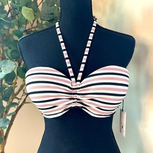 Woman’s Halter Bandeau Bikini Top Pink Black White Striped- Size 36B